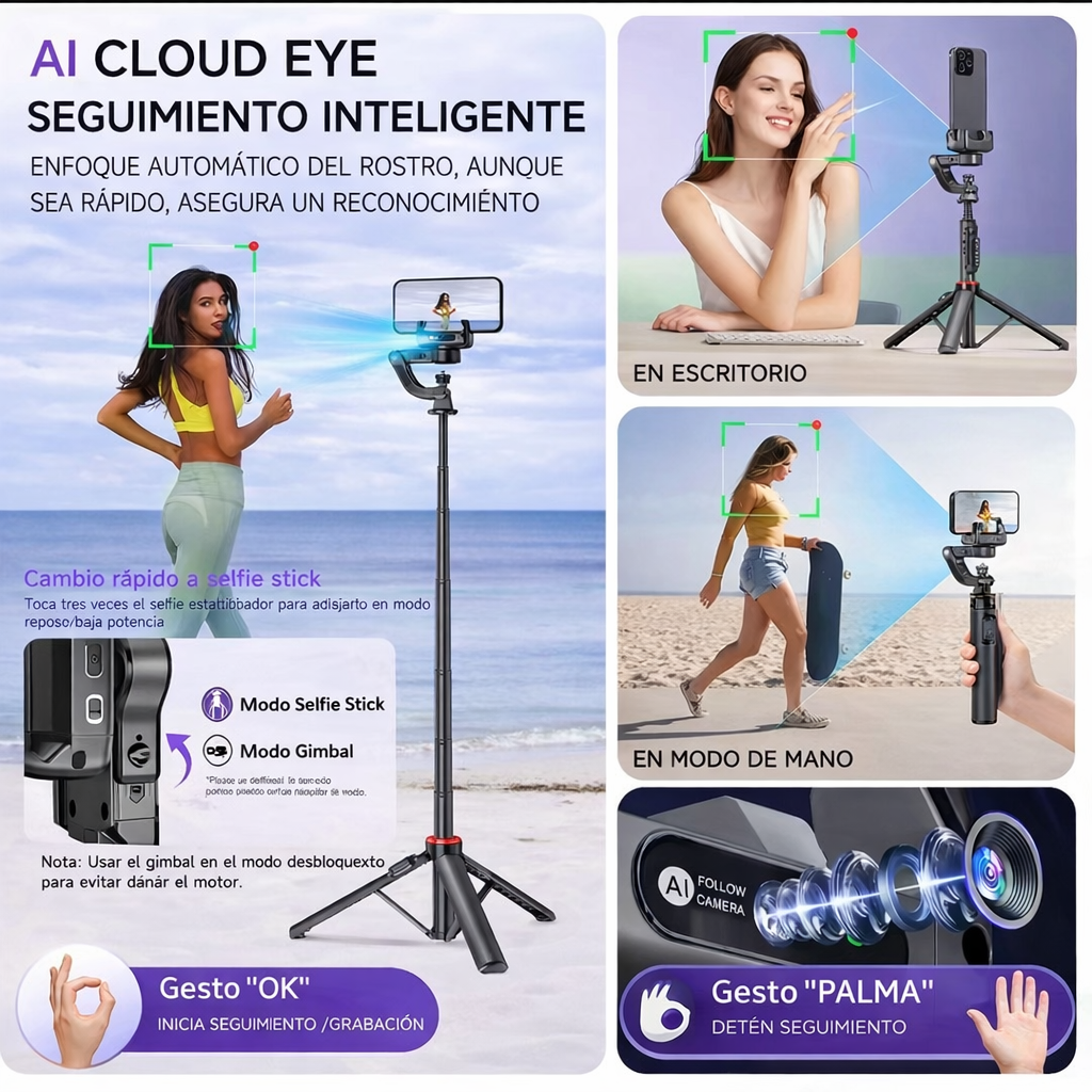 Gimbal Trípode Estabilizador C22 con Censor de Movimiento 360° para Celular y Cámara Negro