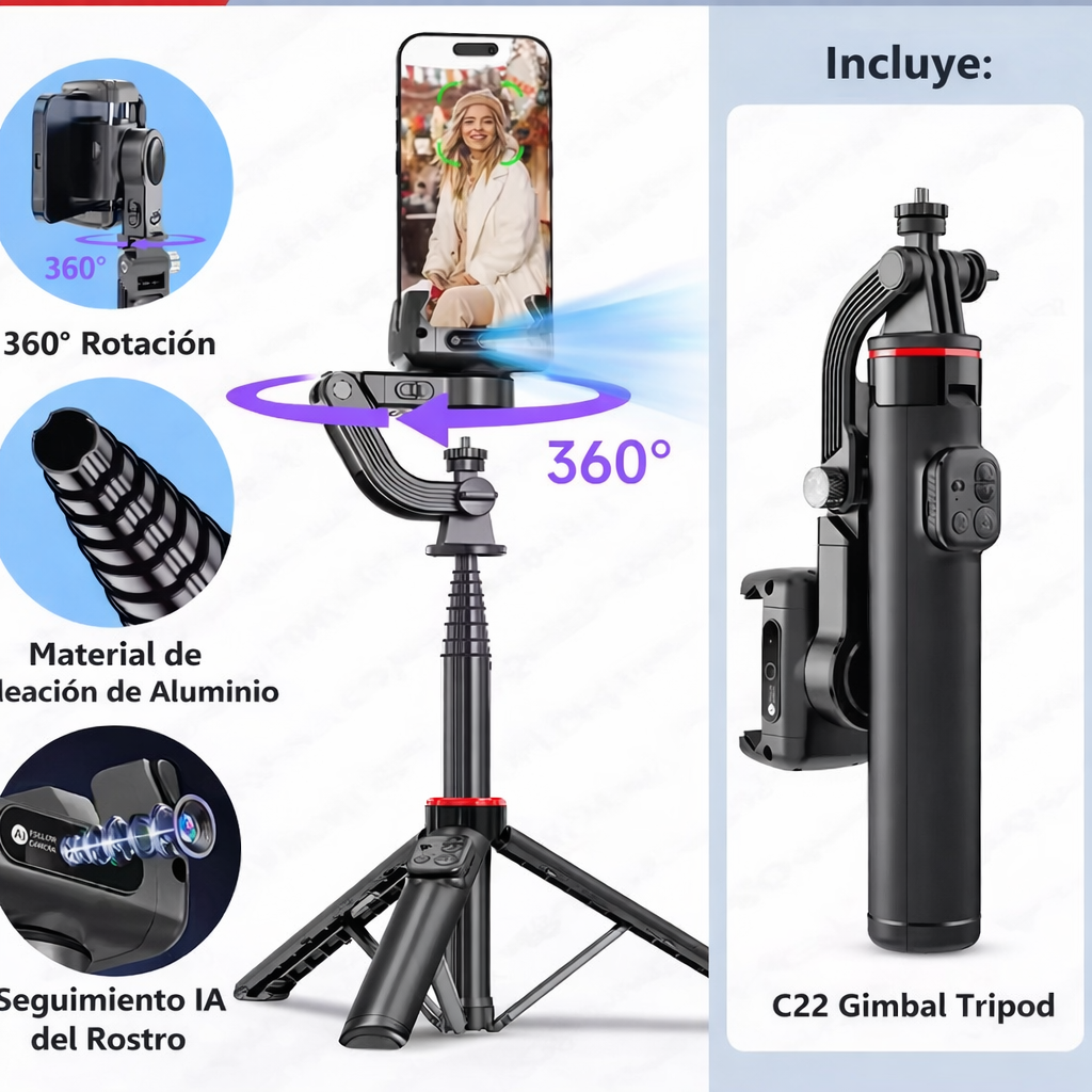 Gimbal Trípode Estabilizador C22 con Censor de Movimiento 360° para Celular y Cámara Negro