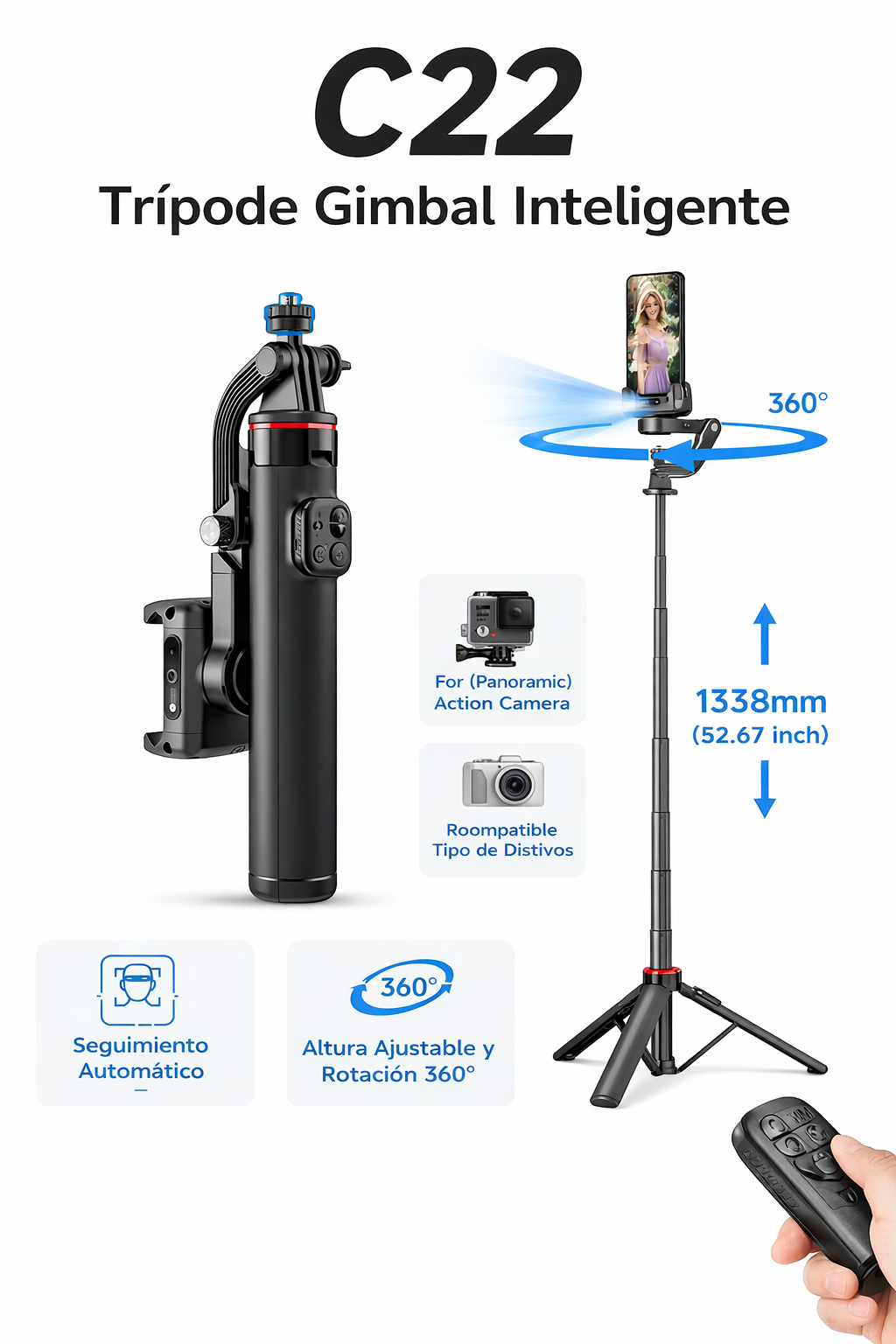 Gimbal Trípode Estabilizador C22 con Censor de Movimiento 360° para Celular y Cámara Negro