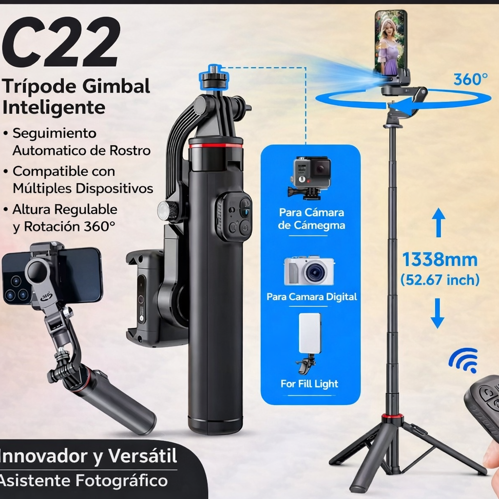 Gimbal Trípode Estabilizador C22 con Censor de Movimiento 360° para Celular y Cámara Negro